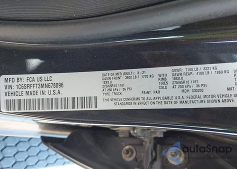 2021 Ram 1500 Lone Star 4X4 5'7 Box из США, поврежденный, VIN 1C6SRFFT3MN678096